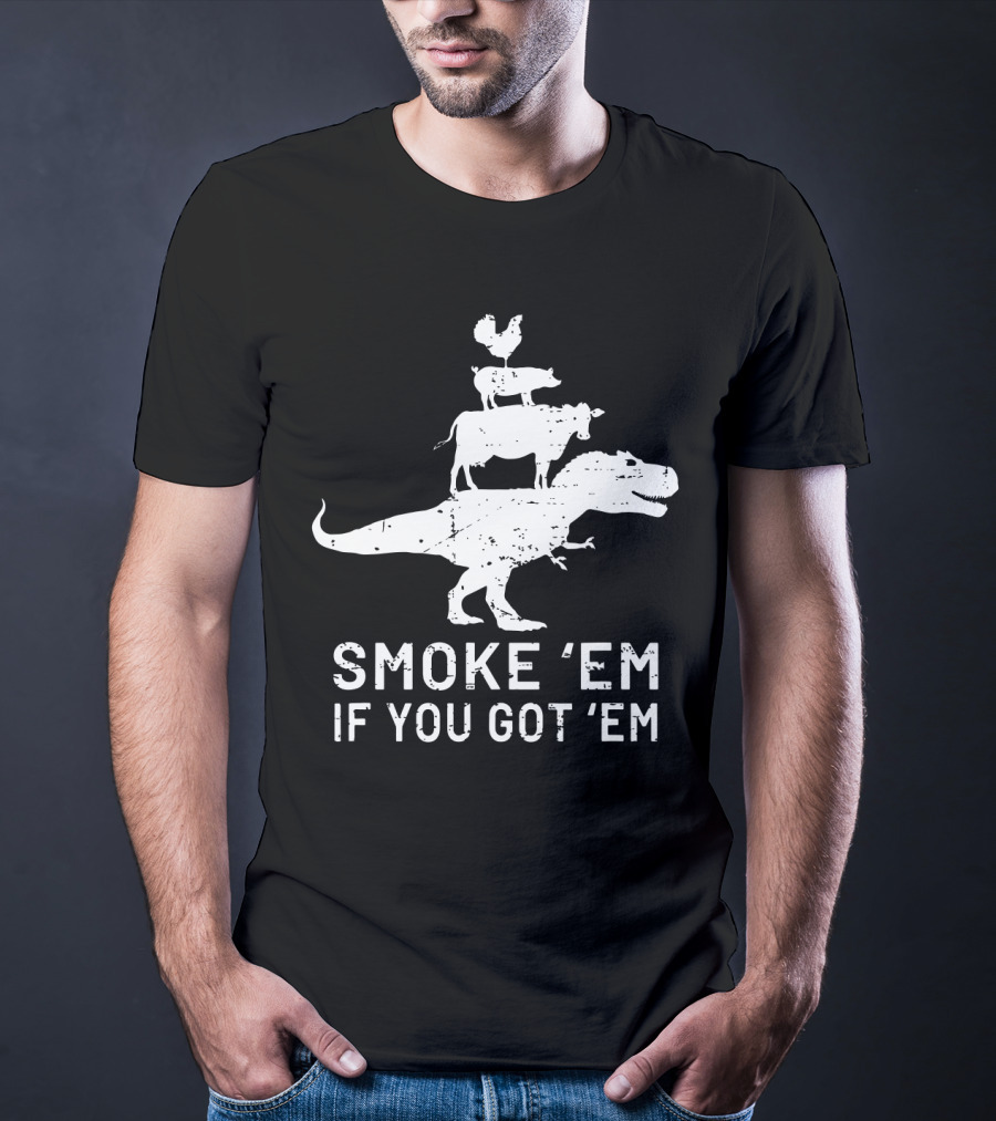 Smoke Em If You Got Em Dinosaur BBQ Grill Stacked Animals T-Shirt