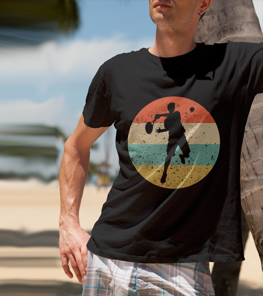 Vintage Retro Tennis Player Silhouette In Distressed Circle T-Shirt