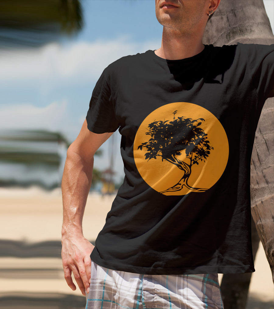 Bonsai Japan Yin Yang Monk Tree Silhouette Circle T-Shirt