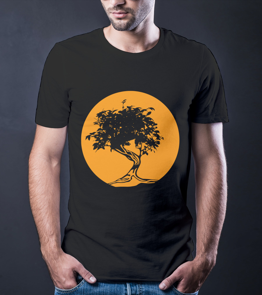 Bonsai Japan Yin Yang Monk Tree Silhouette Circle T-Shirt