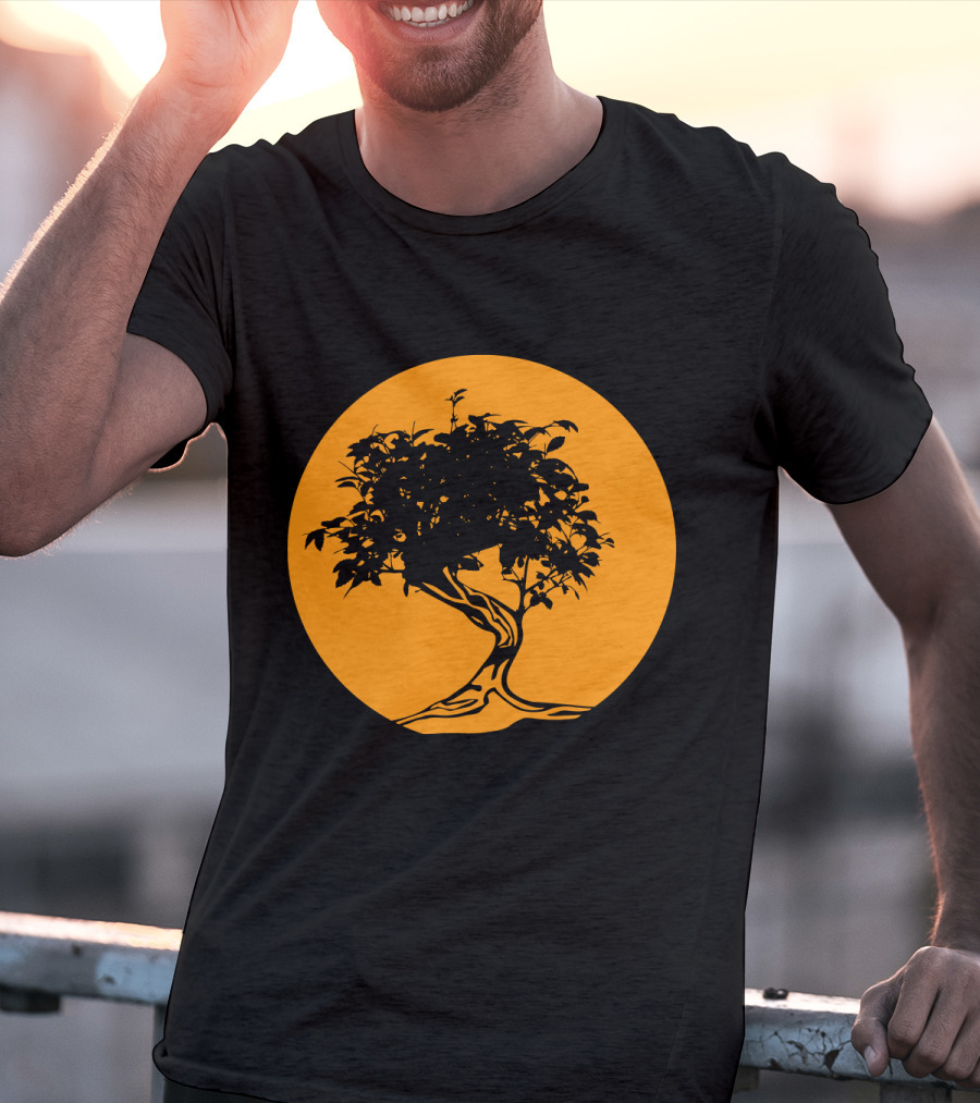 Bonsai Japan Yin Yang Monk Tree Silhouette Circle T-Shirt