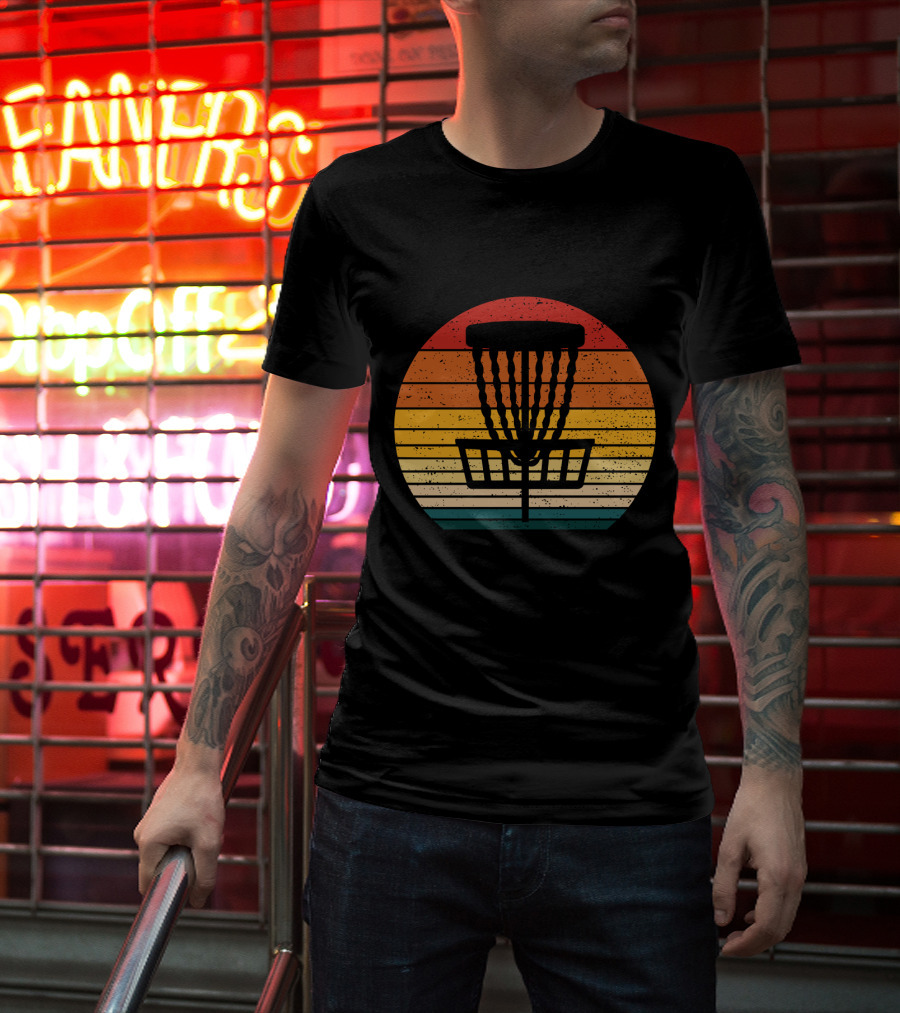Retro Disc Golf Basket Sunset Stripes T-Shirt