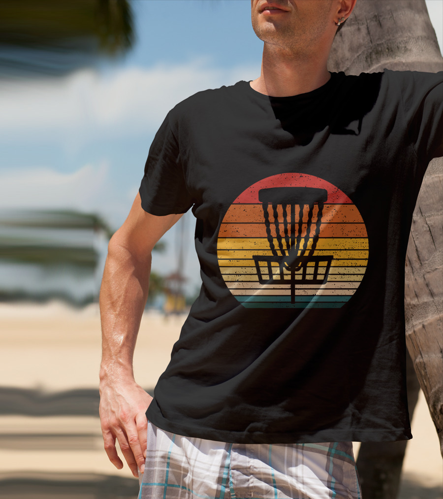 Retro Disc Golf Basket Sunset Stripes T-Shirt