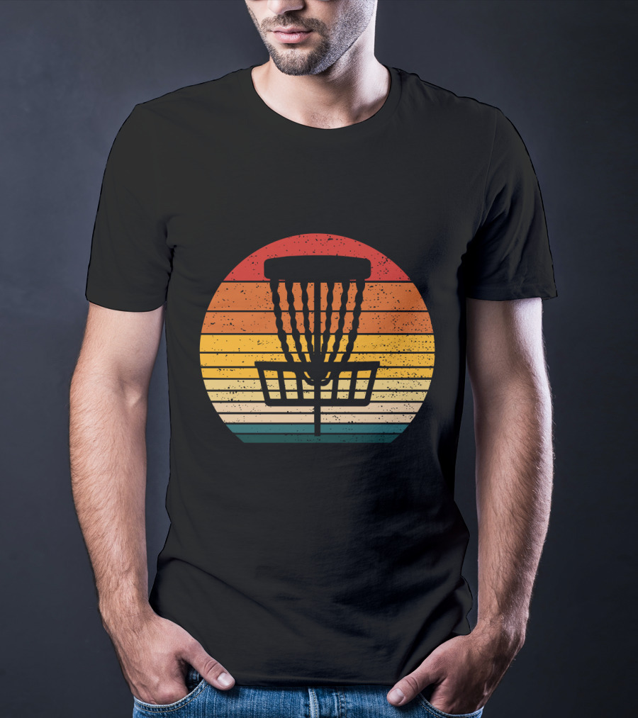 Retro Disc Golf Basket Sunset Stripes T-Shirt