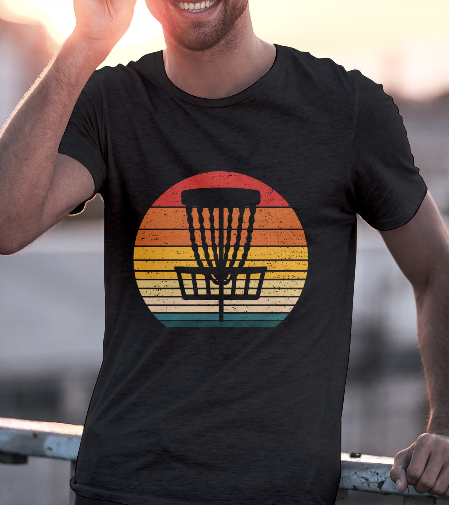 Retro Disc Golf Basket Sunset Stripes T-Shirt