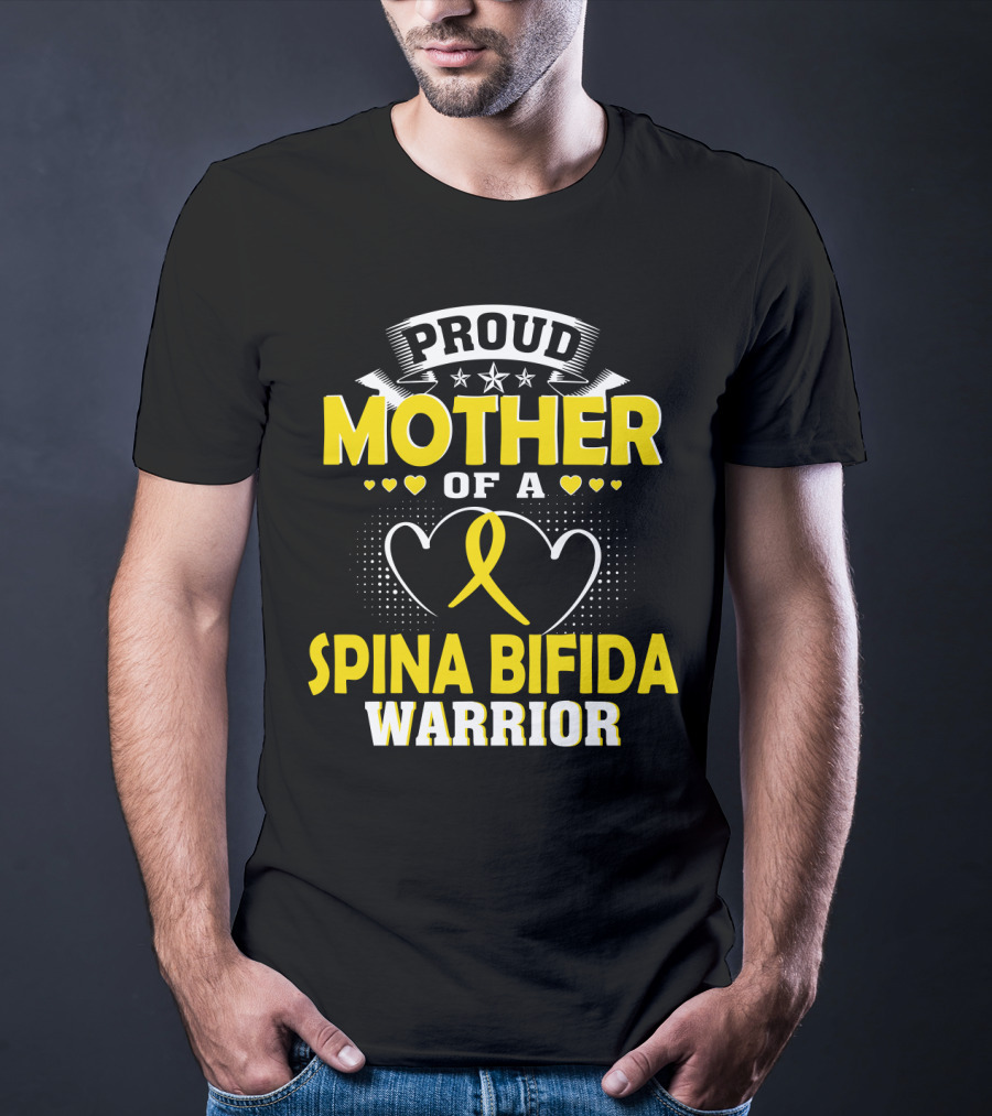 Proud Mother Of A Spina Bifida Warrior Yellow Ribbon Hearts Stars T-Shirt