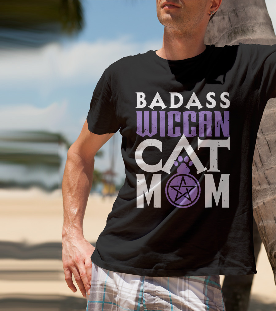 Badass Wiccan Cat Mom With Pentagram Paw Prints T-Shirt