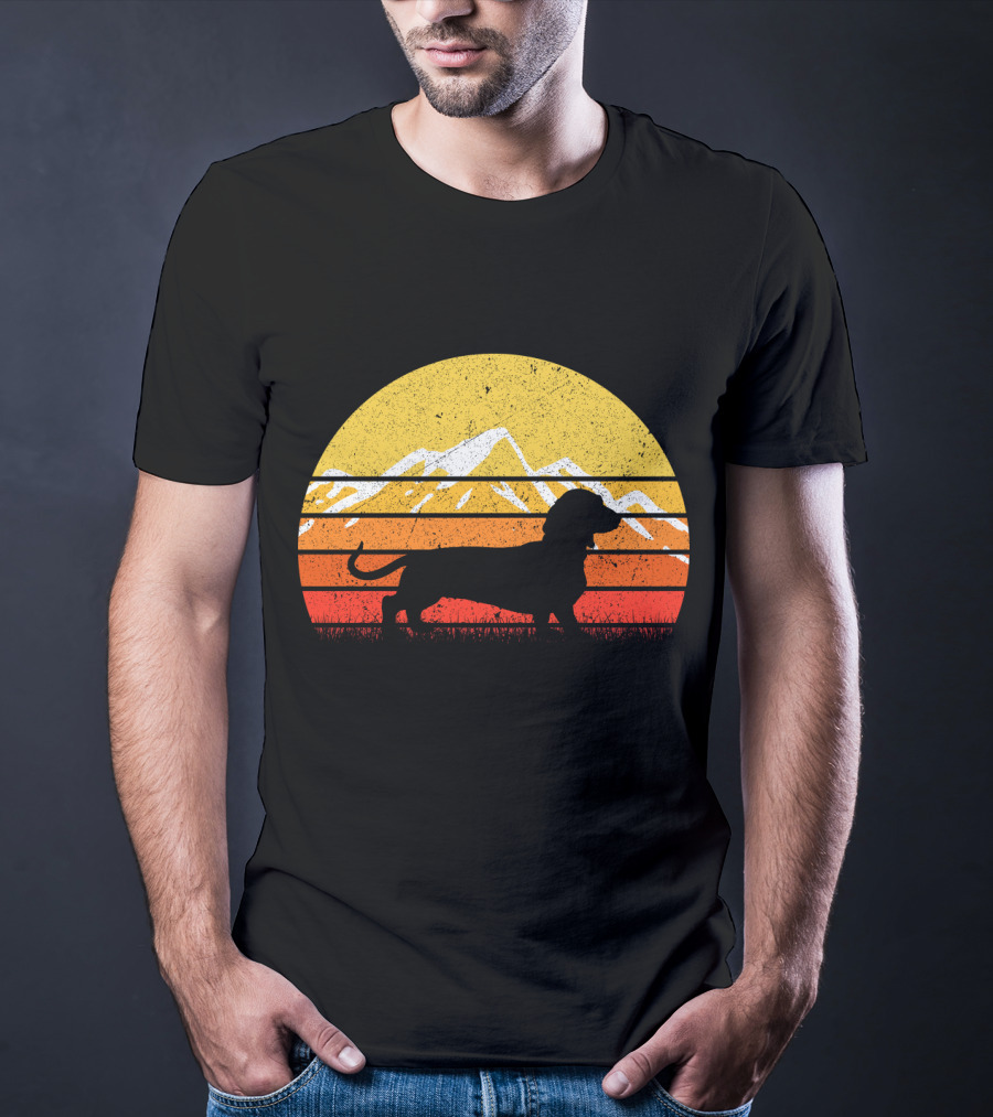 Retro Vintage Dachshund Dog Silhouette Sunset Mountains T-Shirt