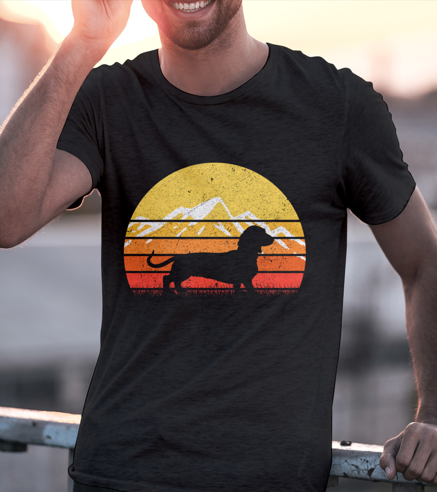 Retro Vintage Dachshund Dog Silhouette Sunset Mountains T-Shirt