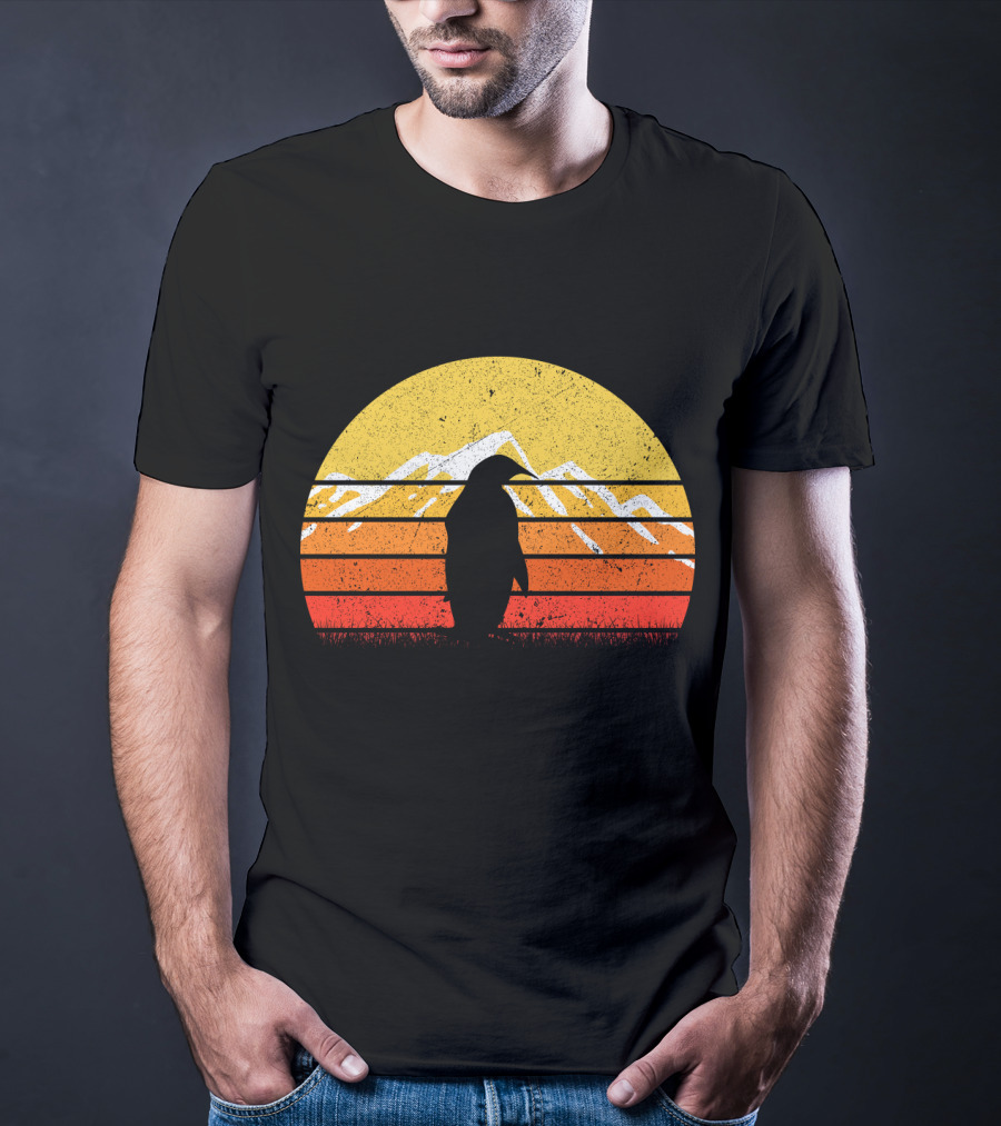Retro Vintage Penguin Sunset Mountain T-Shirt