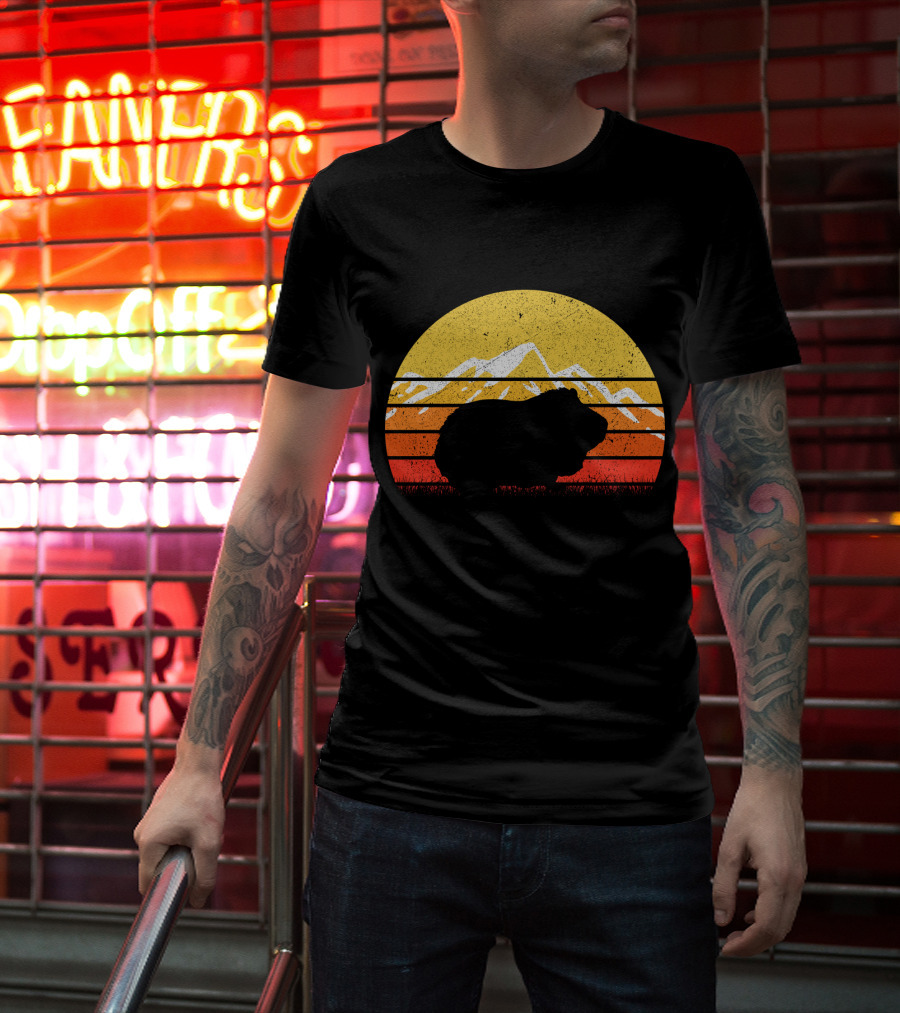Retro Vintage Guinea Pig Silhouette With Mountain Sunset T-Shirt