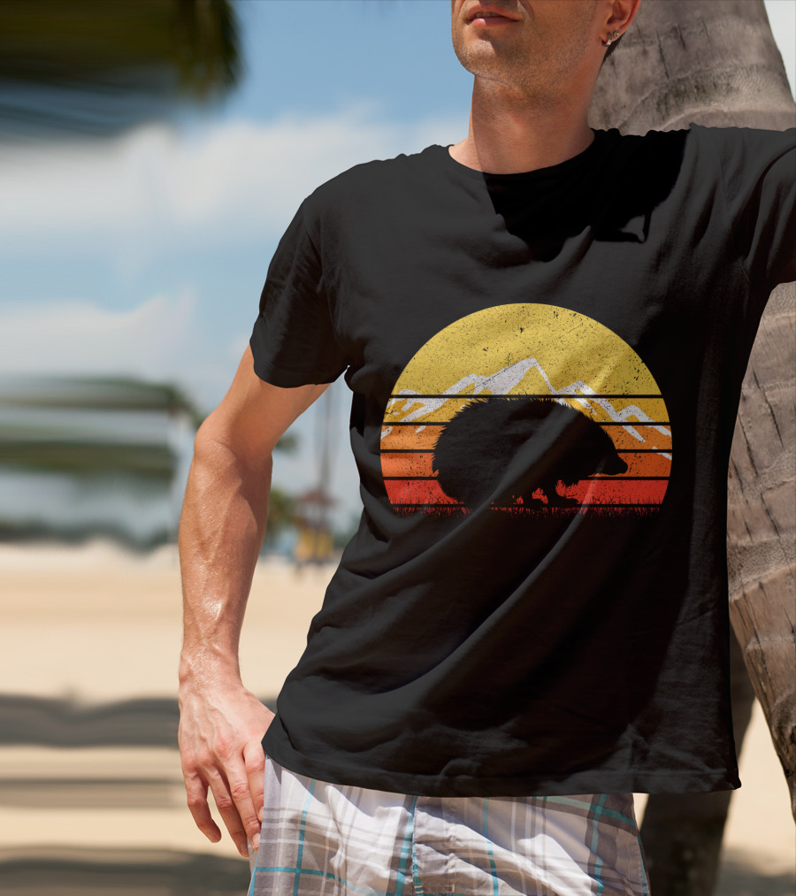 Retro Vintage Hedgehog Silhouette Against Sunset Mountain Stripe Circle T-Shirt