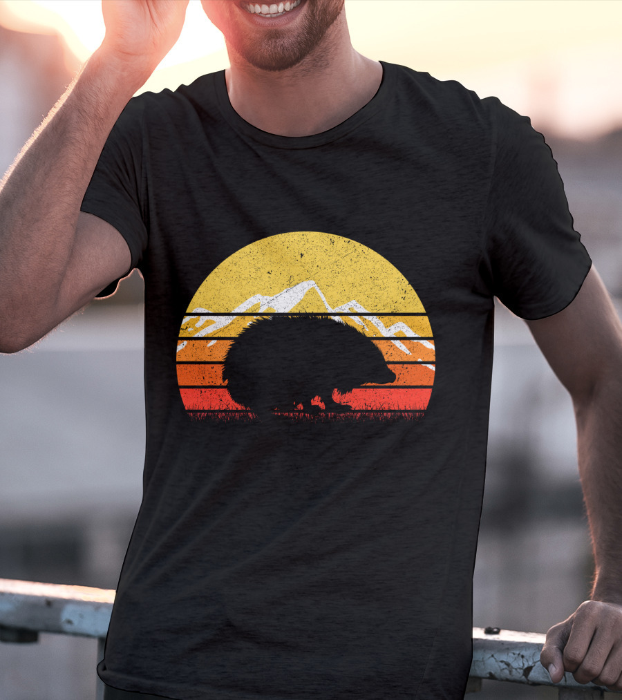 Retro Vintage Hedgehog Silhouette Against Sunset Mountain Stripe Circle T-Shirt