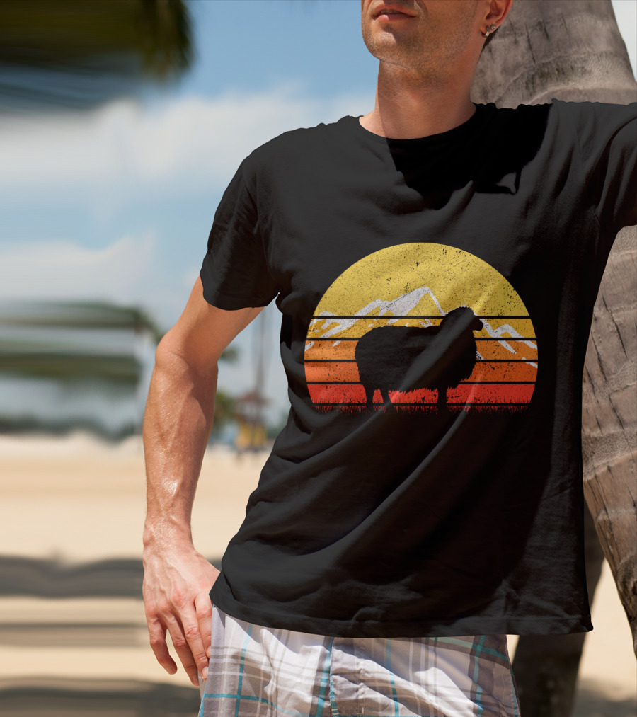 Retro Vintage Sheep Sunset With Mountains T-Shirt