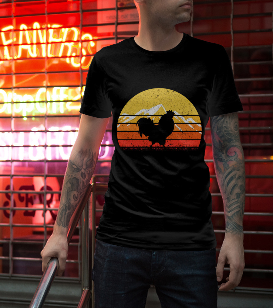 Retro Vintage Chicken Silhouette Sunset With Mountain Background T-Shirt