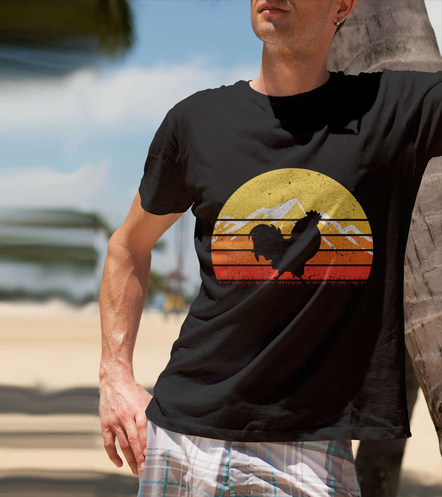 Retro Vintage Chicken Silhouette Sunset With Mountain Background T-Shirt