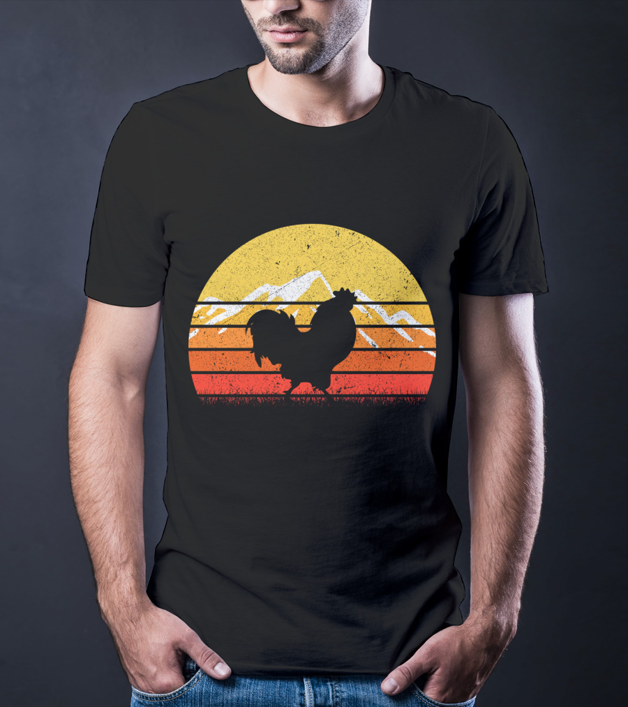 Retro Vintage Chicken Silhouette Sunset With Mountain Background T-Shirt