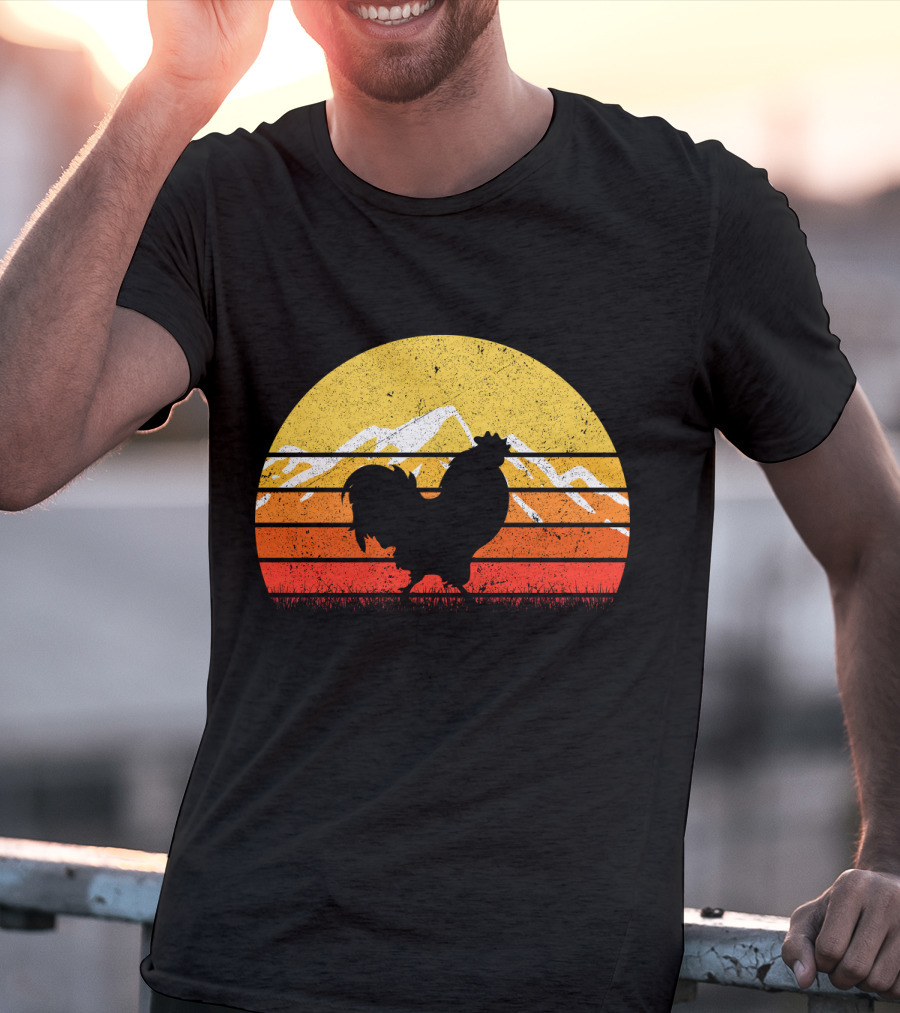 Retro Vintage Chicken Silhouette Sunset With Mountain Background T-Shirt