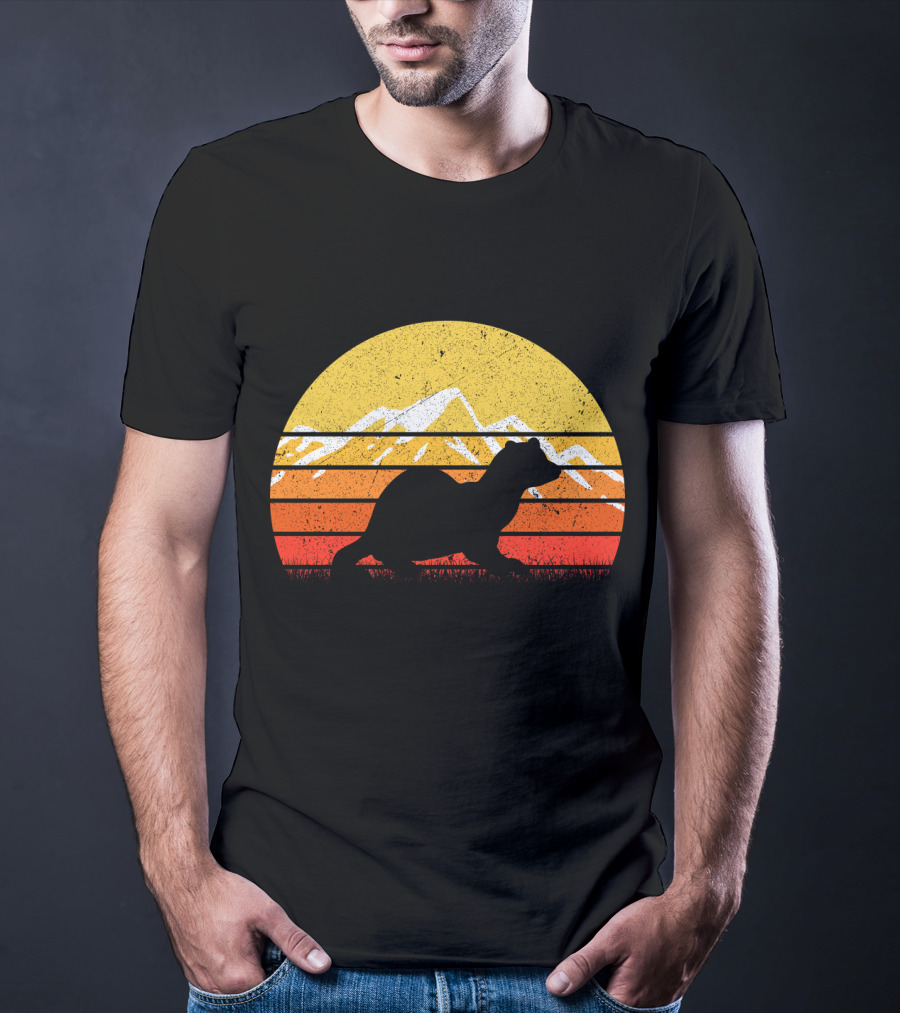 Retro Vintage Ferret Sunset Silhouette Mountain Stripes T-Shirt