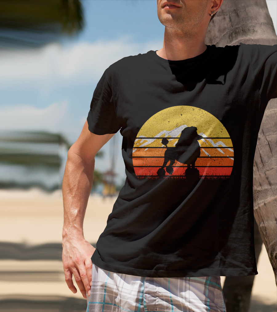 Retro Vintage Poodle Dog Sunset Silhouette With Mountains And Stripes T-Shirt