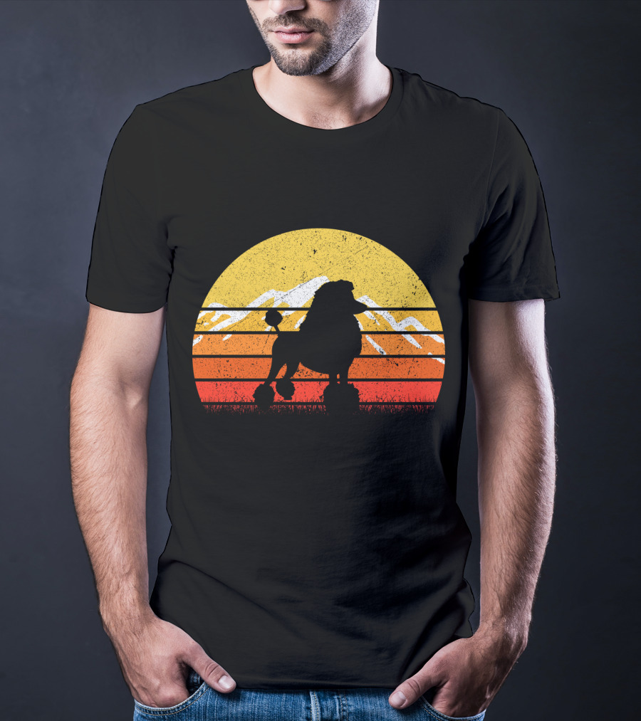 Retro Vintage Poodle Dog Sunset Silhouette With Mountains And Stripes T-Shirt