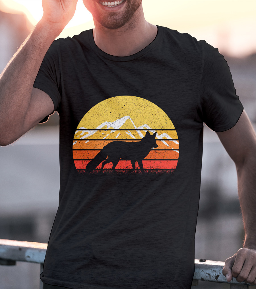 Retro Vintage Fox Silhouette With Mountains And Sunset Stripes T-Shirt