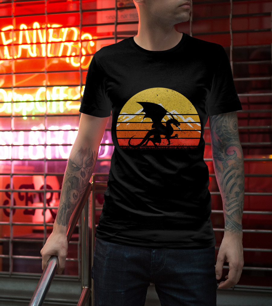 Retro Vintage Dragon With Silhouette And Sunset Mountains T-Shirt