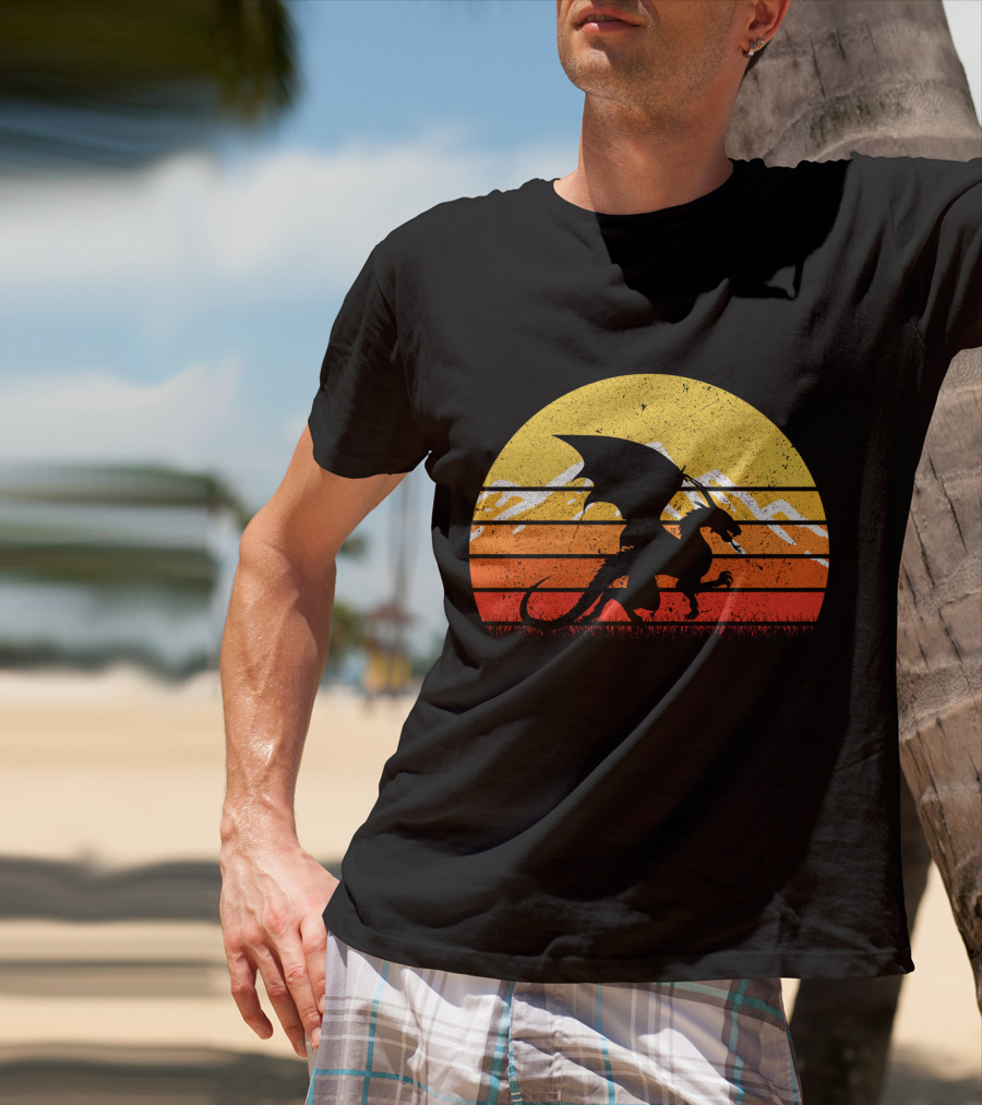 Retro Vintage Dragon With Silhouette And Sunset Mountains T-Shirt
