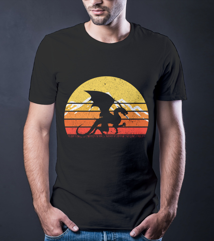 Retro Vintage Dragon With Silhouette And Sunset Mountains T-Shirt