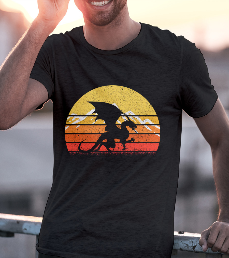 Retro Vintage Dragon With Silhouette And Sunset Mountains T-Shirt