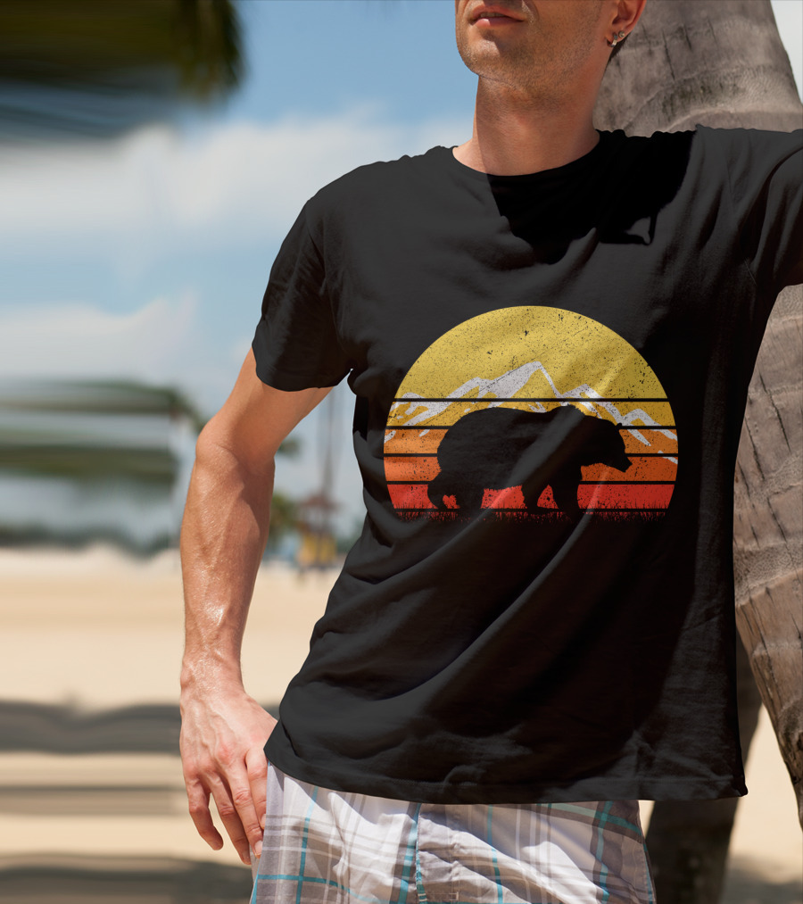 Retro Vintage Bear Silhouette With Sunset And Mountain Background T-Shirt