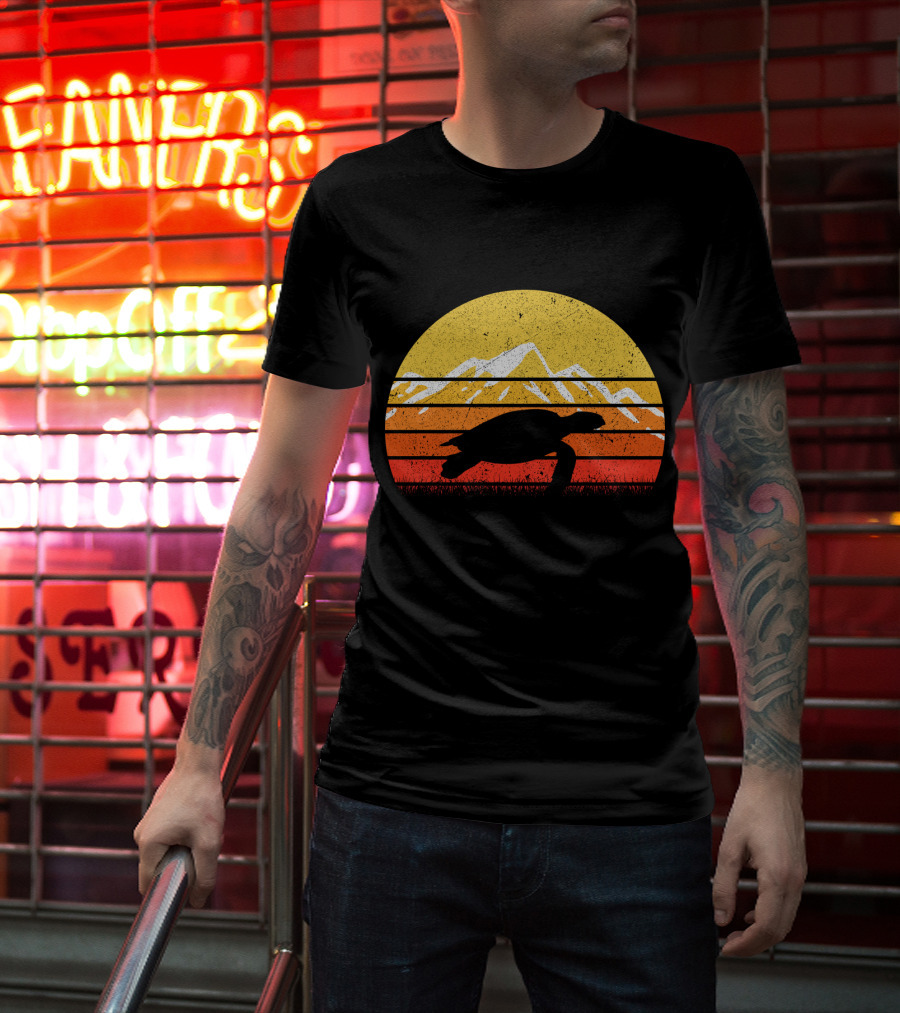 Retro Vintage Sea Turtle Sunset Mountain T-Shirt