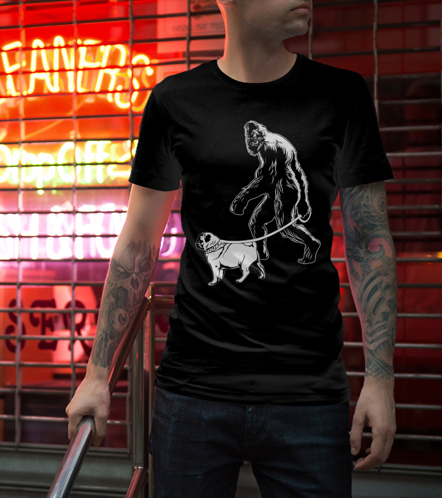 Bigfoot Walking A Pug Dog T-Shirt