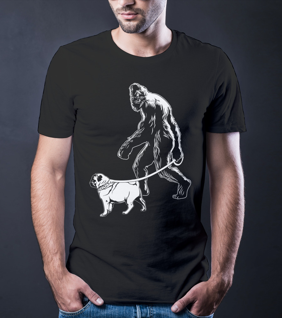 Bigfoot Walking A Pug Dog T-Shirt