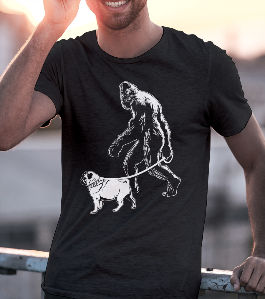 Bigfoot Walking A Pug Dog T-Shirt