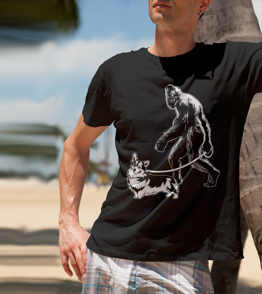 Bigfoot Walking Corgi Dog T-Shirt