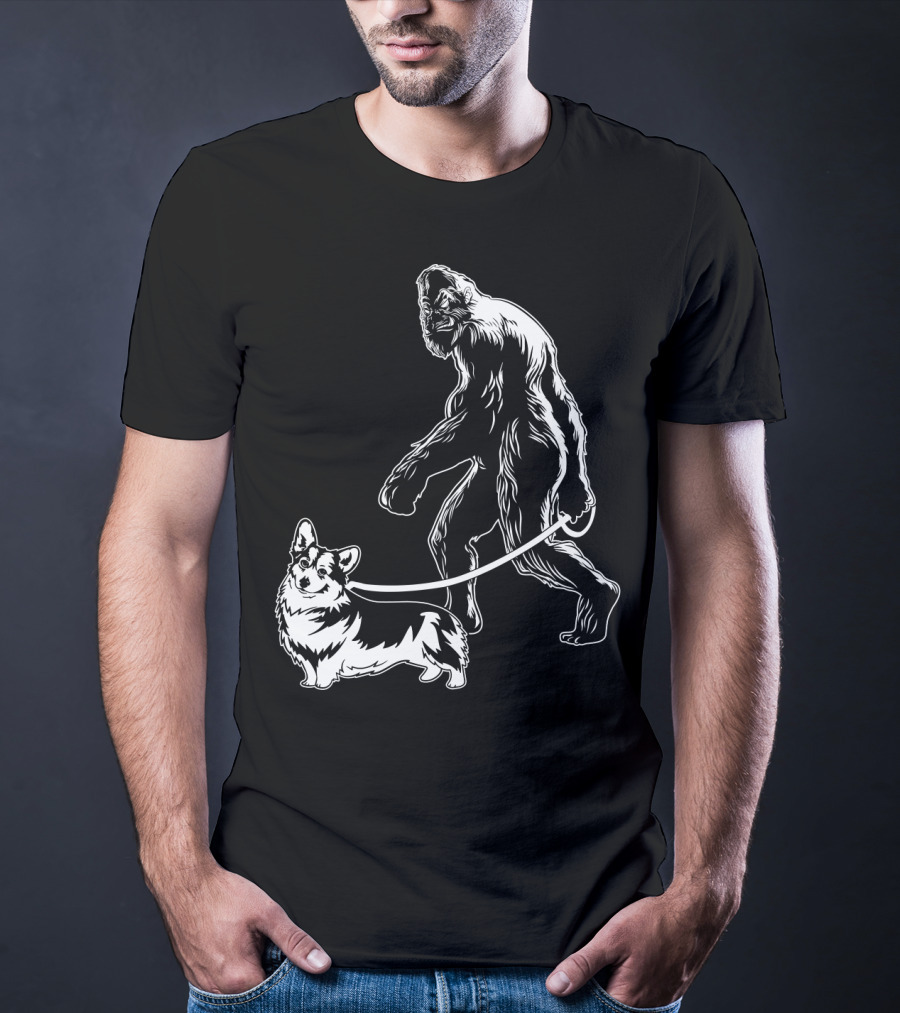 Bigfoot Walking Corgi Dog T-Shirt