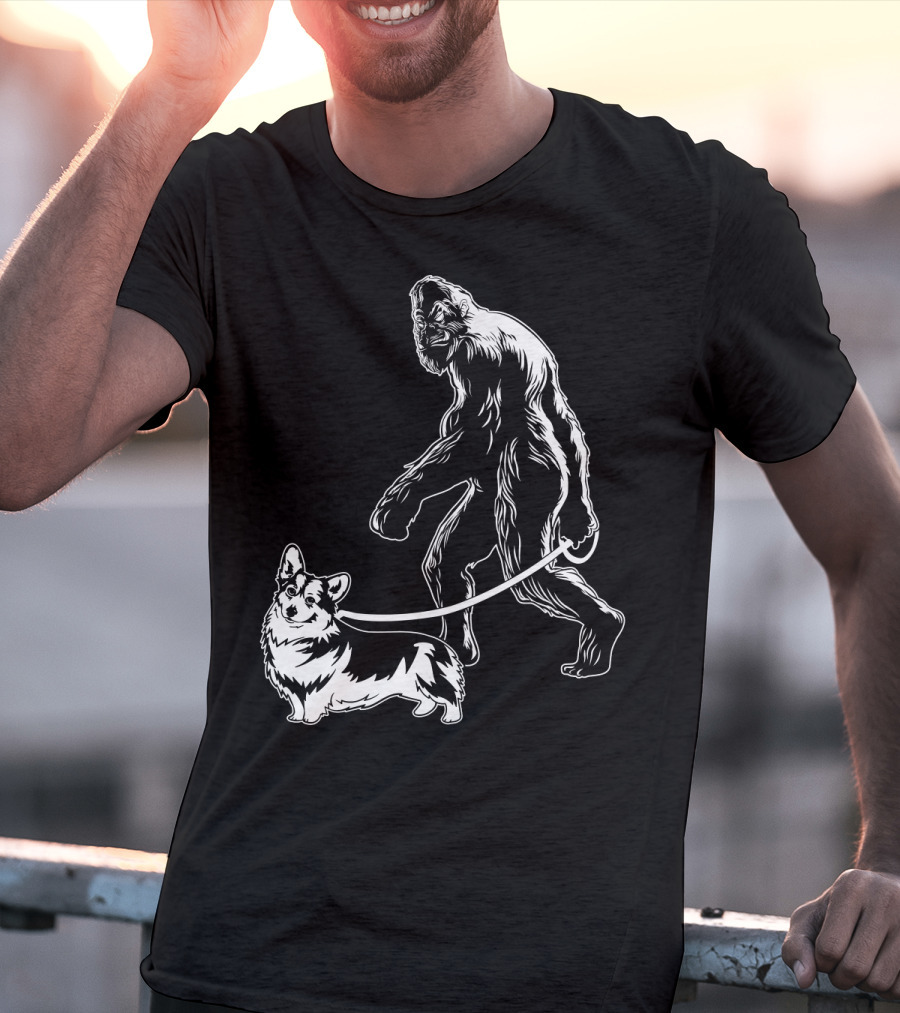 Bigfoot Walking Corgi Dog T-Shirt