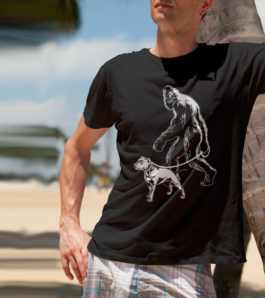 Bigfoot Walking Pitbull T-Shirt