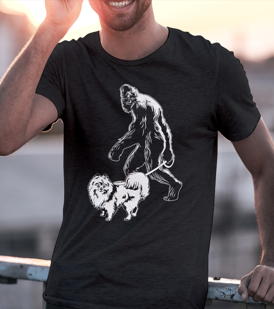 Bigfoot Walking Pomeranian Dog T-Shirt
