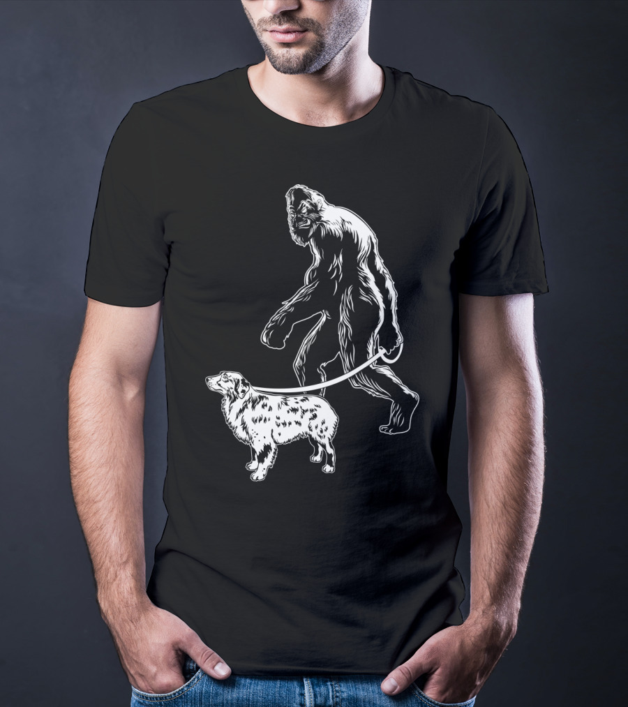 Bigfoot Walking Australian Shepherd Dog T-Shirt