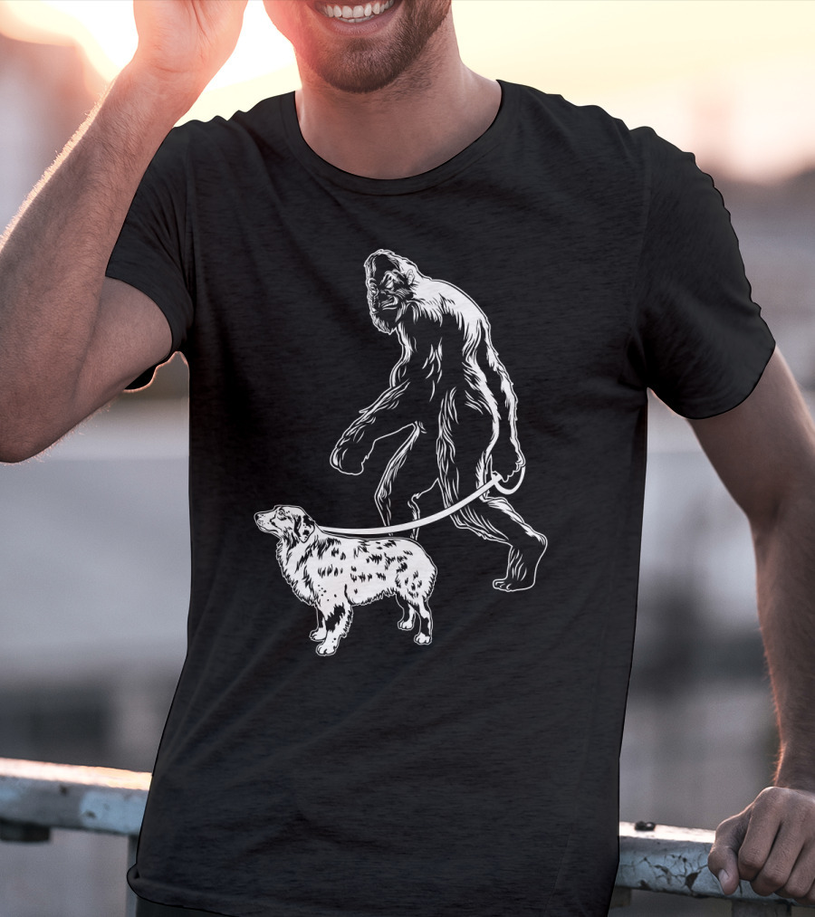 Bigfoot Walking Australian Shepherd Dog T-Shirt