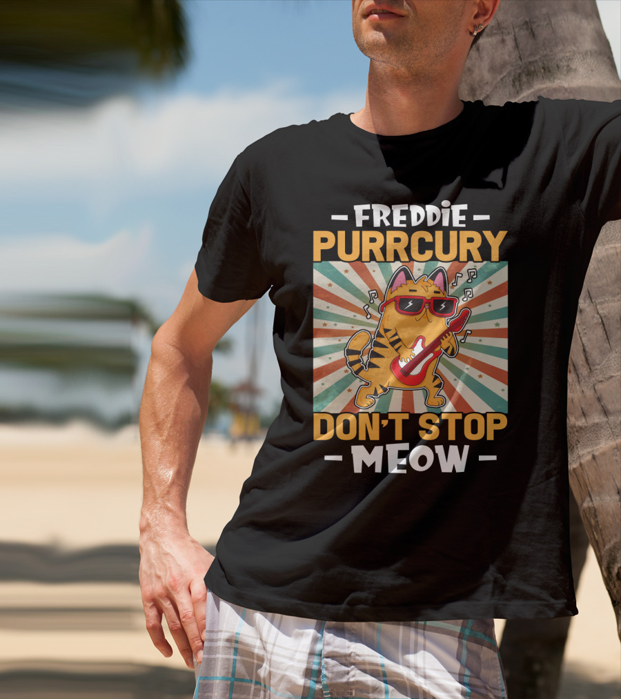 Freddie Purrcury Don't Stop Meow Cat With Guitar Retro Music Vibes T-Shirt