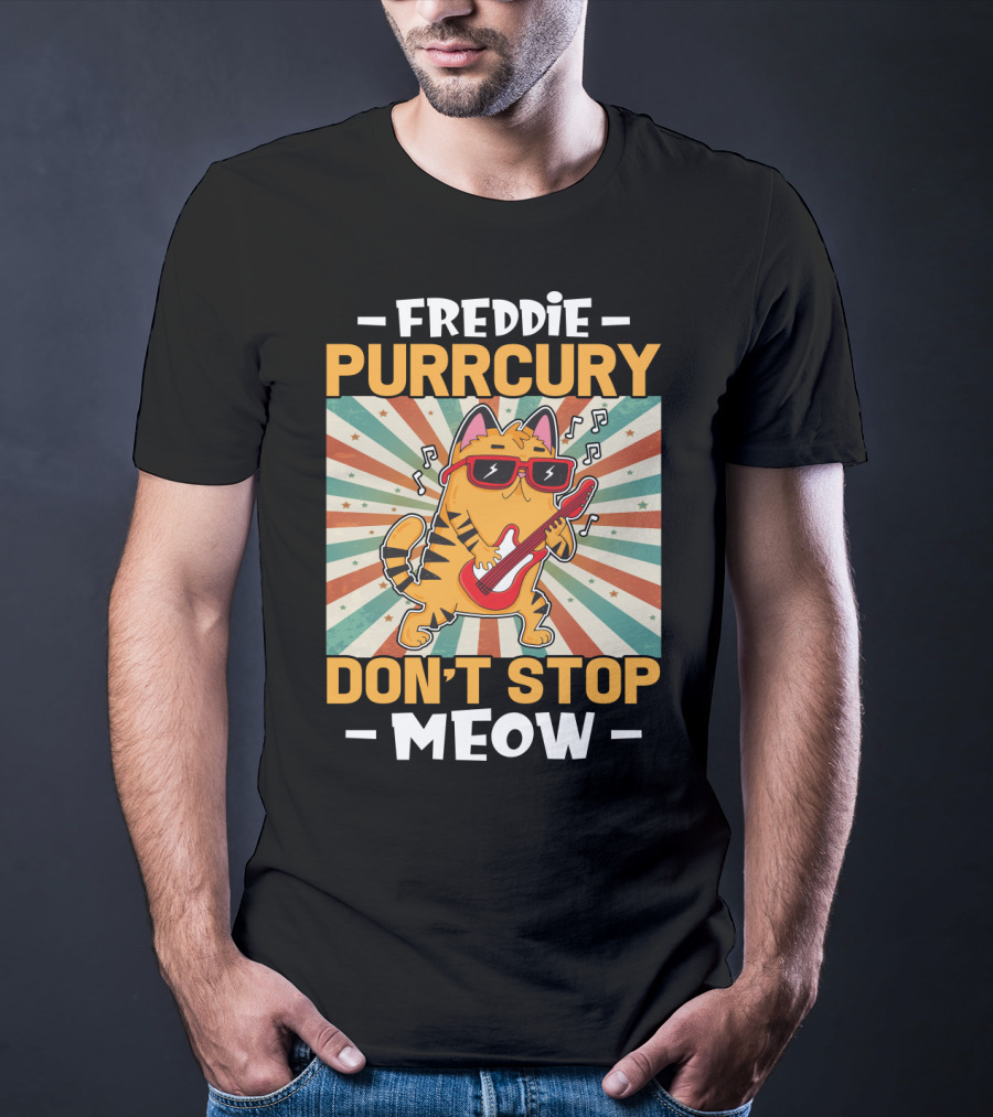 Freddie Purrcury Don't Stop Meow Cat With Guitar Retro Music Vibes T-Shirt