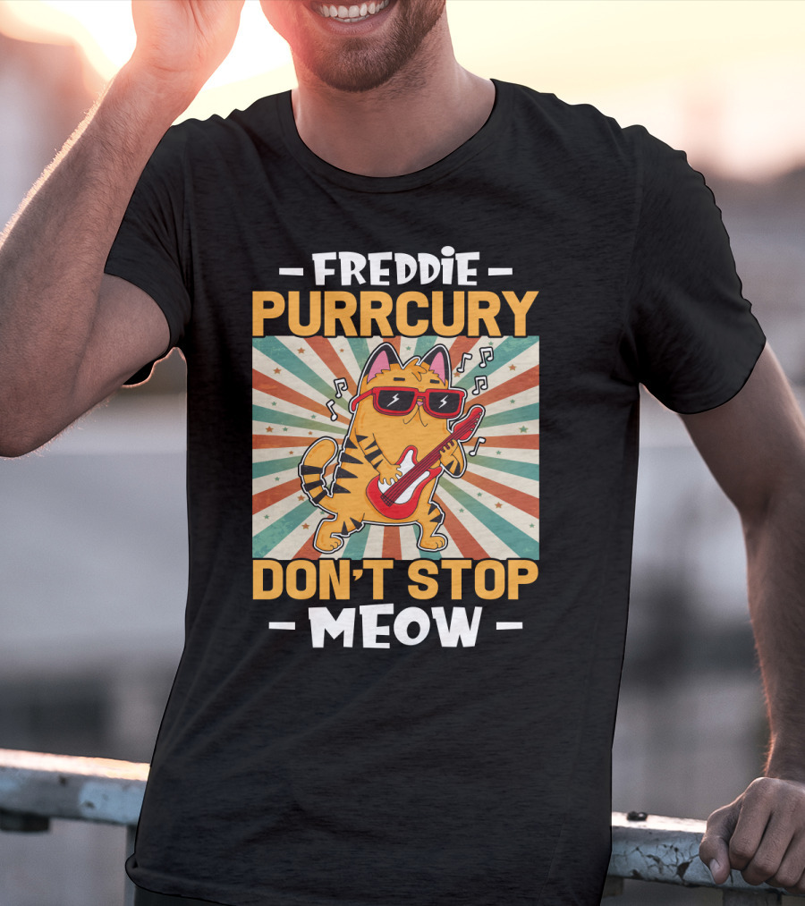 Freddie Purrcury Don't Stop Meow Cat With Guitar Retro Music Vibes T-Shirt