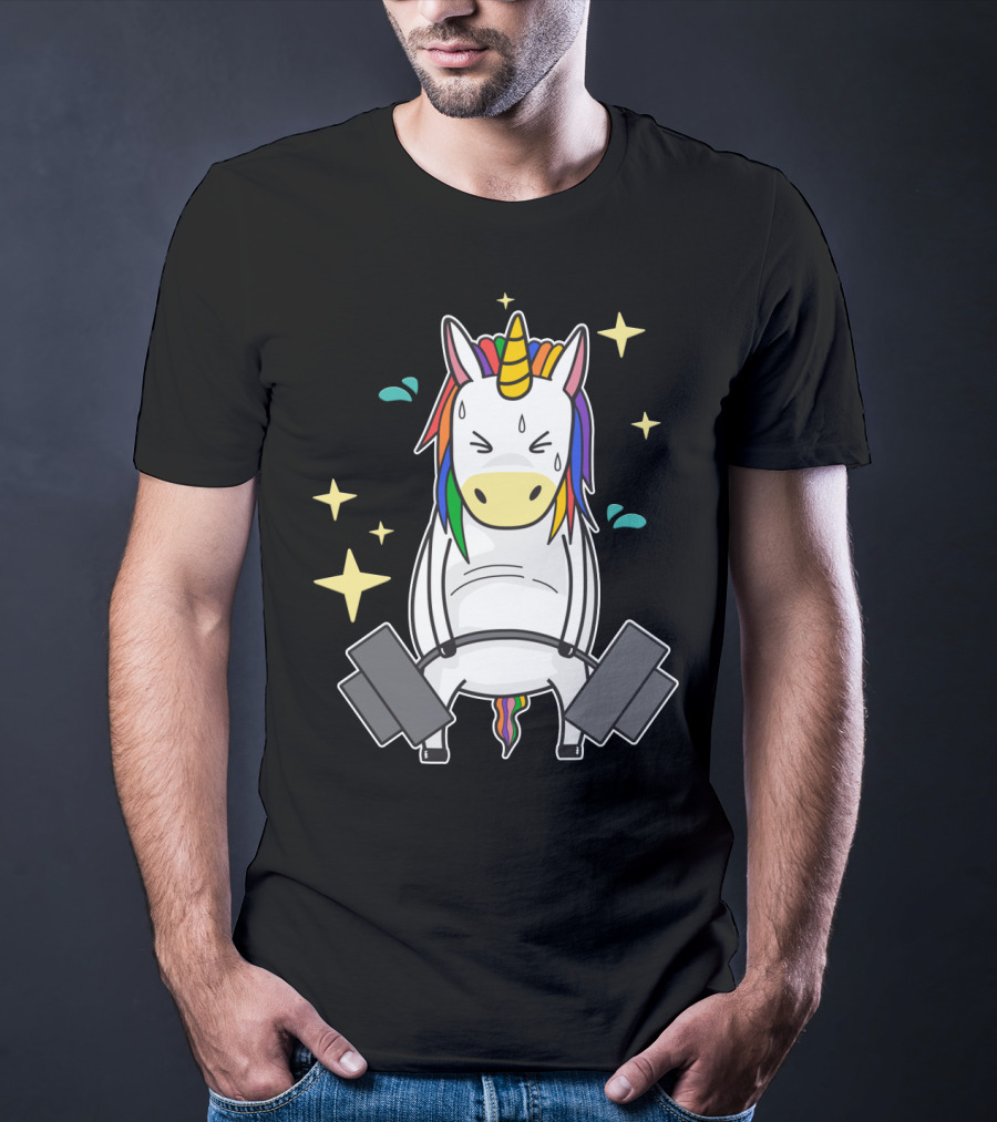 Unicorn Weightlifting Fitness Gym Sweat Rainbow Mane Stars T-Shirt