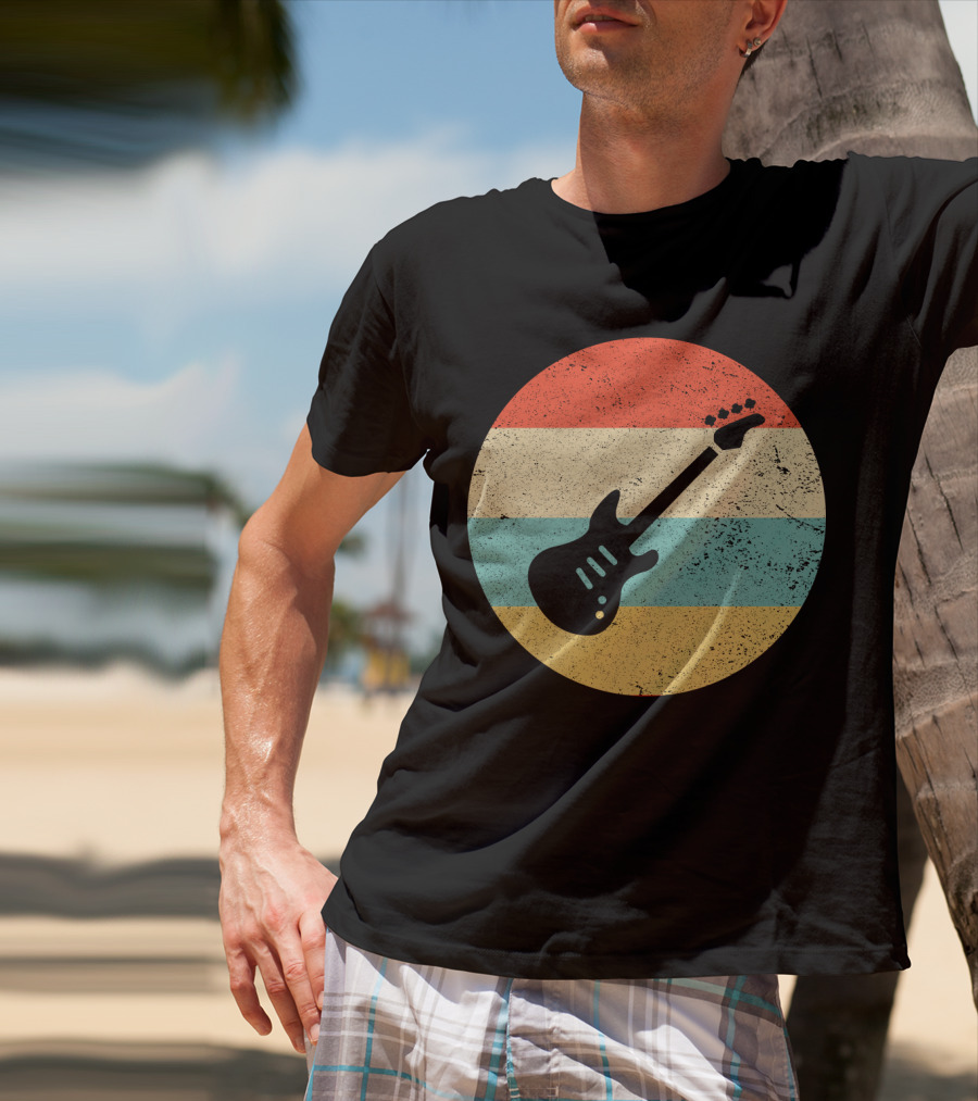 Vintage Retro Bass Guitar Silhouette Sunset Stripes T-Shirt