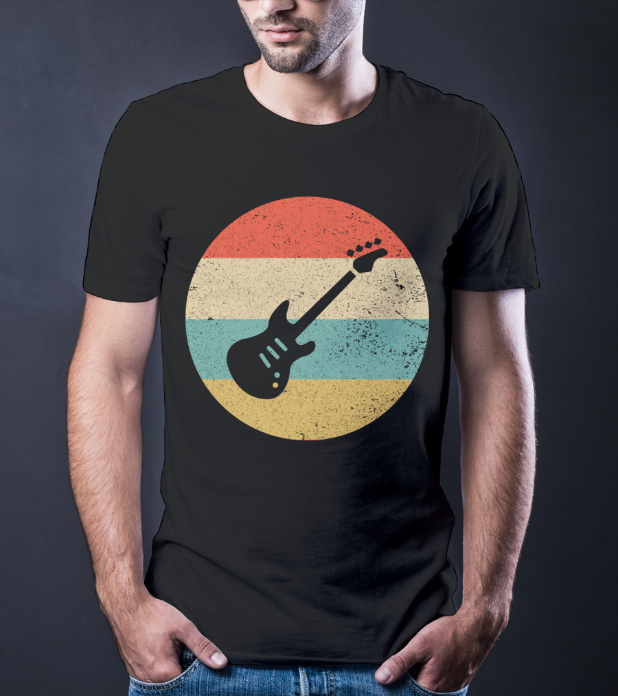 Vintage Retro Bass Guitar Silhouette Sunset Stripes T-Shirt