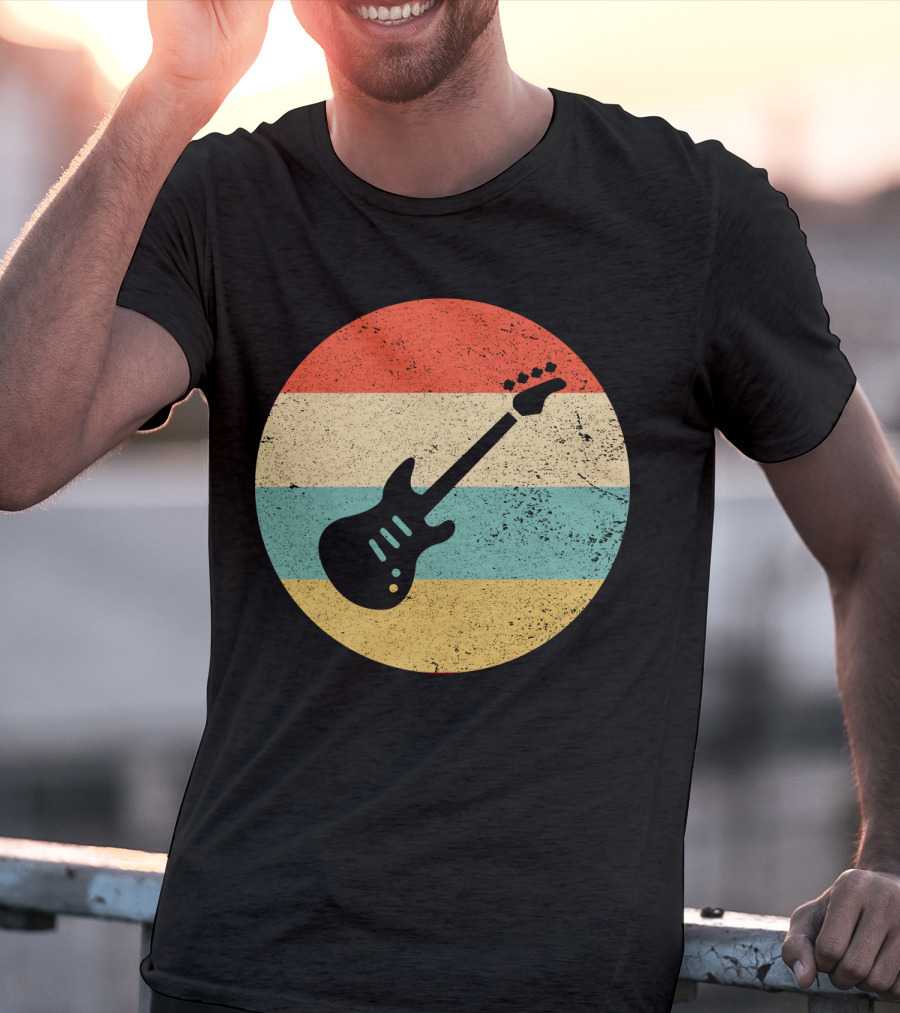 Vintage Retro Bass Guitar Silhouette Sunset Stripes T-Shirt