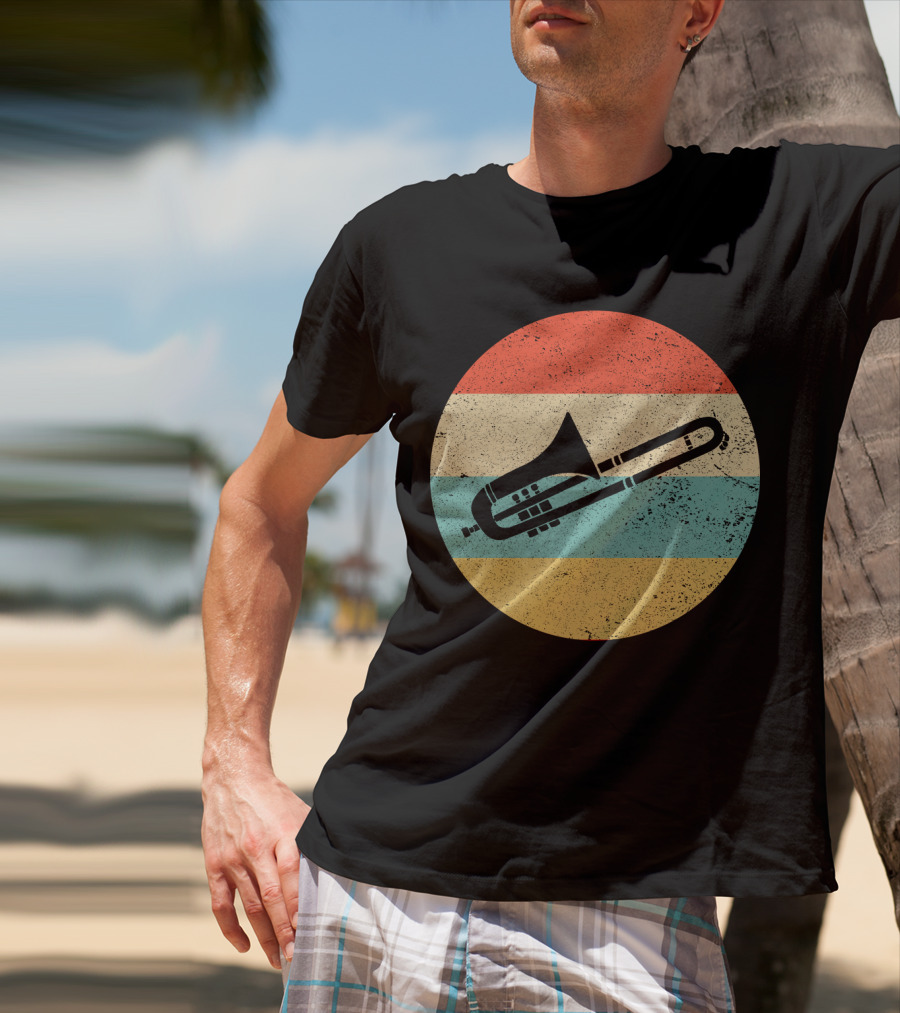 Vintage Retro Trombone Graphic On Striped Circle Background T-Shirt